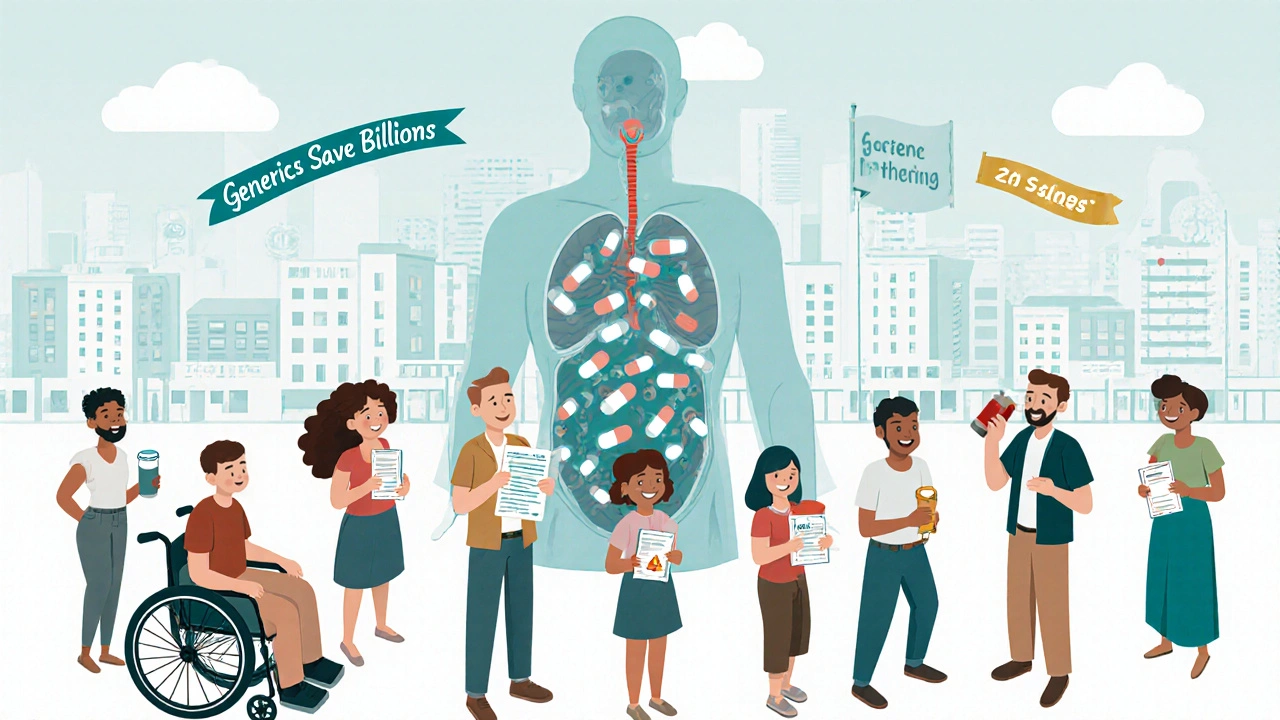 Diverse group of people holding pill bottles with a transparent body showing drug distribution.