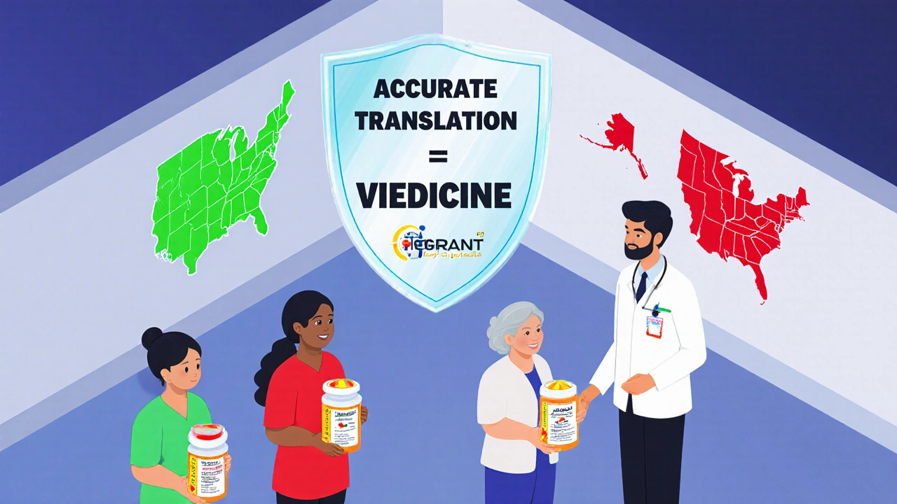 Diverse patients receiving correctly translated prescriptions at a health center, with a shield symbolizing their right to safe medication.