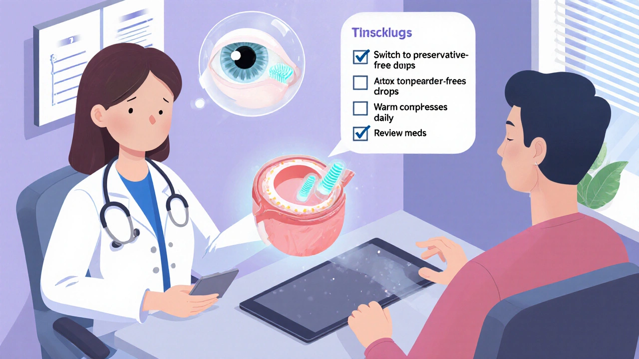 Doctor and patient reviewing eye treatment plan with 3D eye model and checklist.