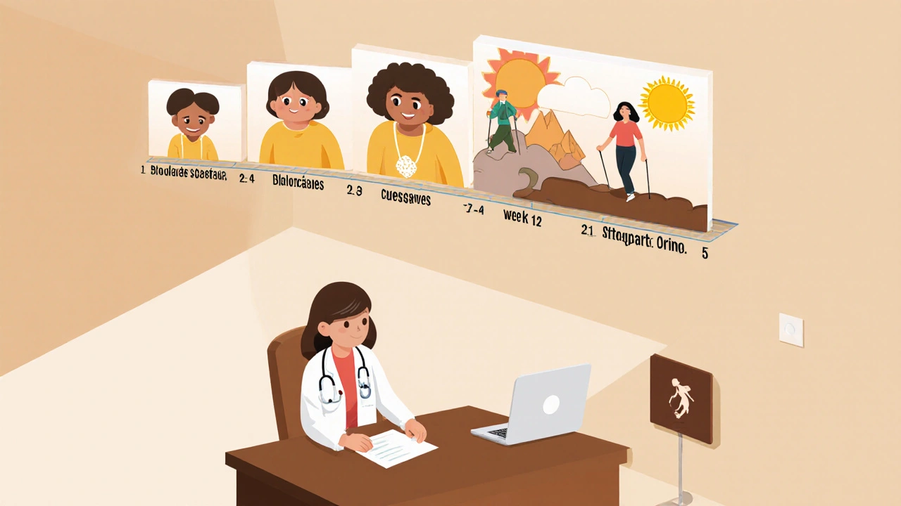 Doctor and patient with floating timeline showing tibolone side effects improving over time