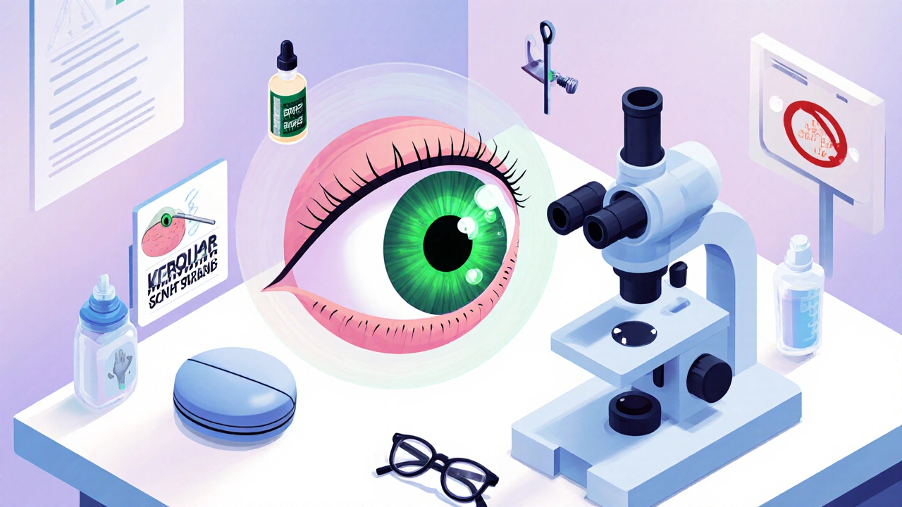 Doctor examining an eye with a slit-lamp, medical tools and prevention items visible in isometric view.
