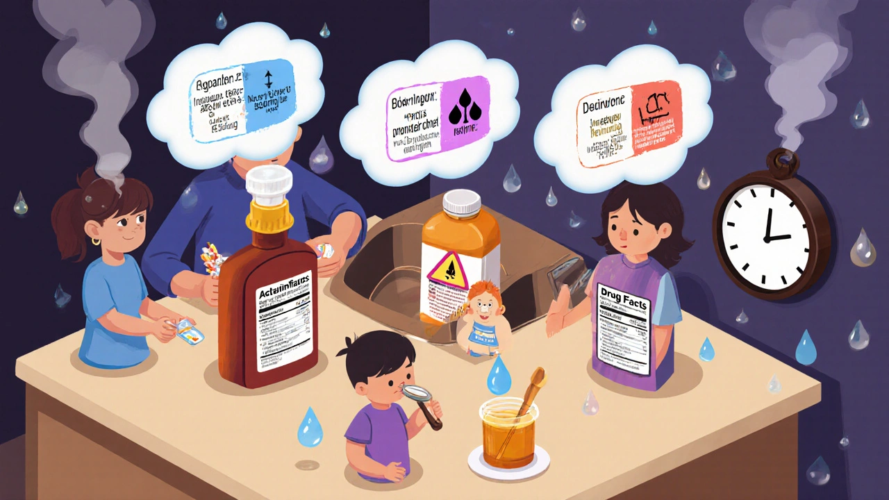 Family at kitchen counter with floating drug ingredients as clouds, one child taking honey while others take multiple cold pills.