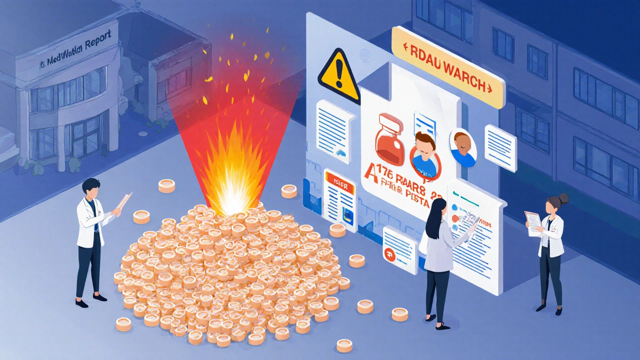 FDA analysts analyzing raw FAERS data with a signal flare and patient filing a report.