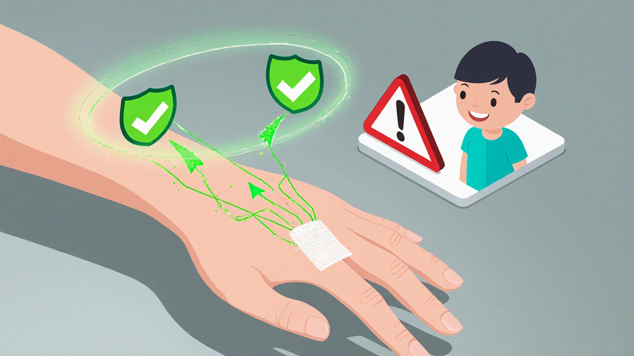 Hand with prilocaine injections and safety symbols, contrasting with high-toxicity warning