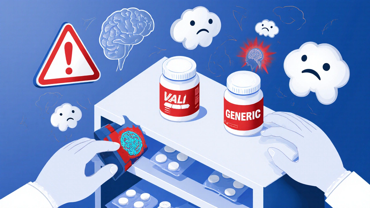 Identical pills on a shelf, one branded and one generic, with anxiety symbols showing patient bias.