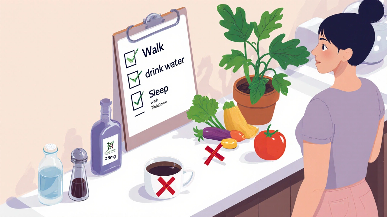 Kitchen counter with tibolone tablet and lifestyle items marked as helpful or avoided