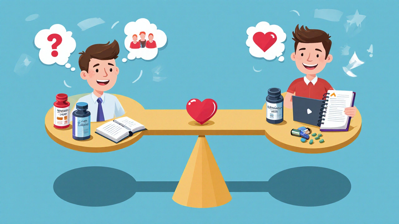 Man balancing anxiety and therapy on a scale with treatment methods forming a bridge to calm.