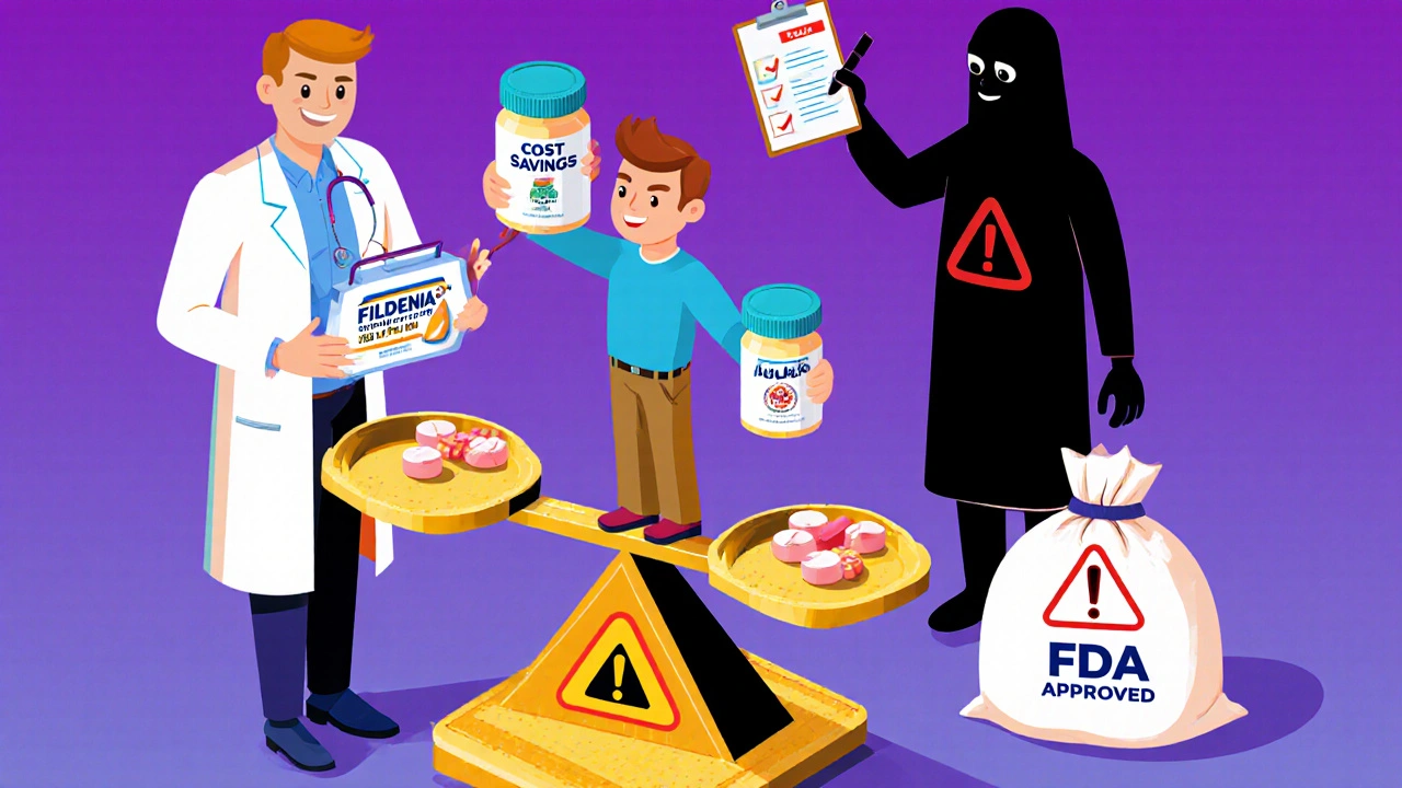 Man comparing Fildena and Viagra pills on a cost scale with counterfeit risk shadow