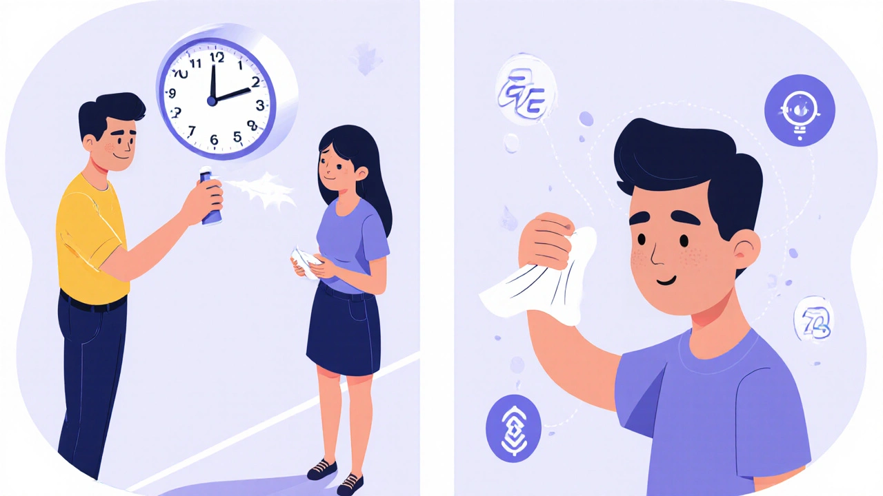 Man using topical spray while partner watches, with behavioral technique shown beside him.