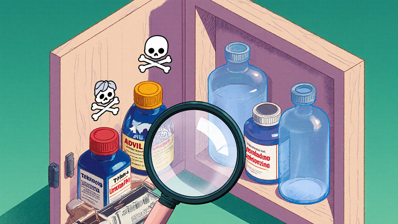 Medicine cabinet with dangerous nighttime pills glowing red, safe options glowing blue