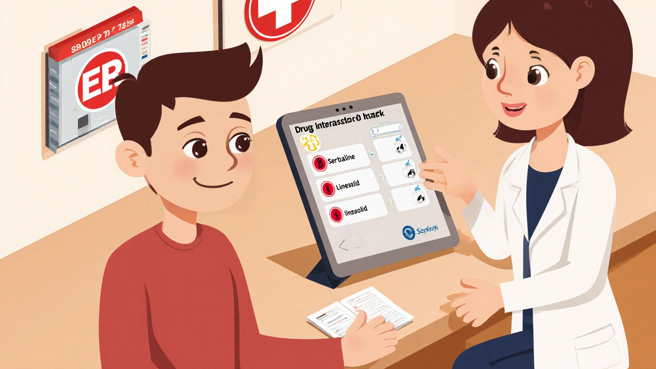 Patient and pharmacist reviewing a drug interaction checker on a tablet, with a medication passport on the counter.