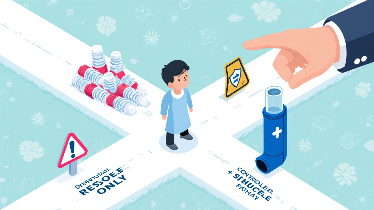 Patient at a crossroads choosing between frequent albuterol use and a combined controller-rescue inhaler option.