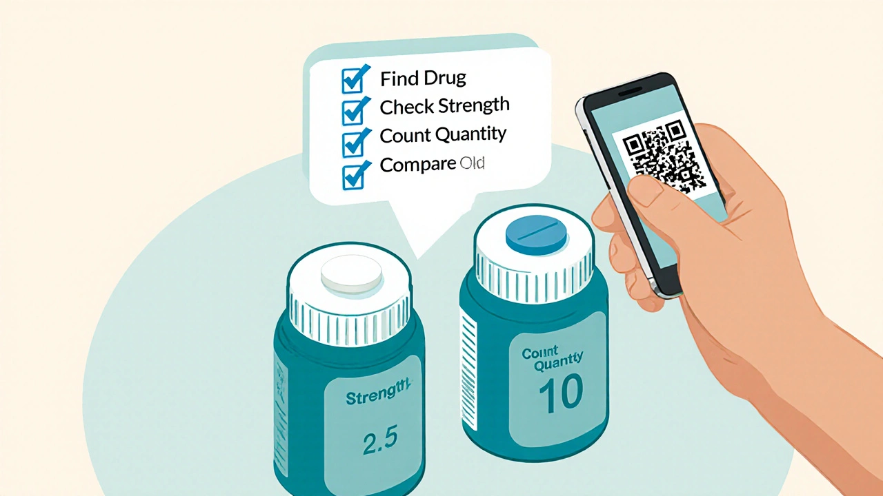 Patient comparing two pills with different colors and markings, smartphone scanning QR code.
