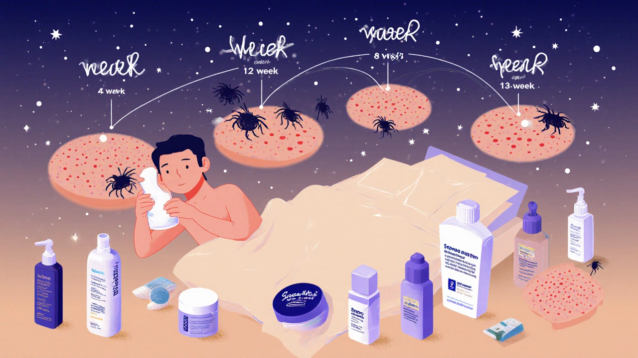 Patient using Soolantra cream at night as skin inflammation fades over time in a bedroom setting.
