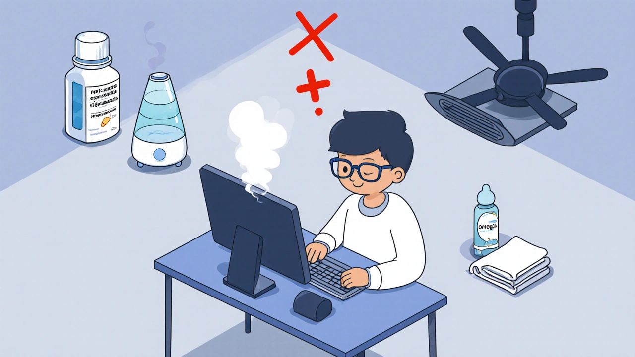Person at desk with humidifier, eye drops, and omega-3s, avoiding air vents.