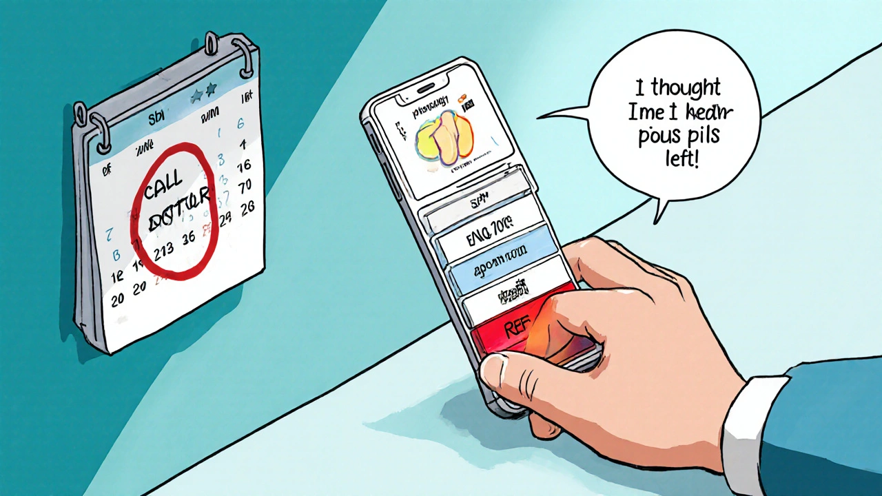 Person holding pill organizer with &#039;Ref: 0&#039; warning and phone alert to call doctor.