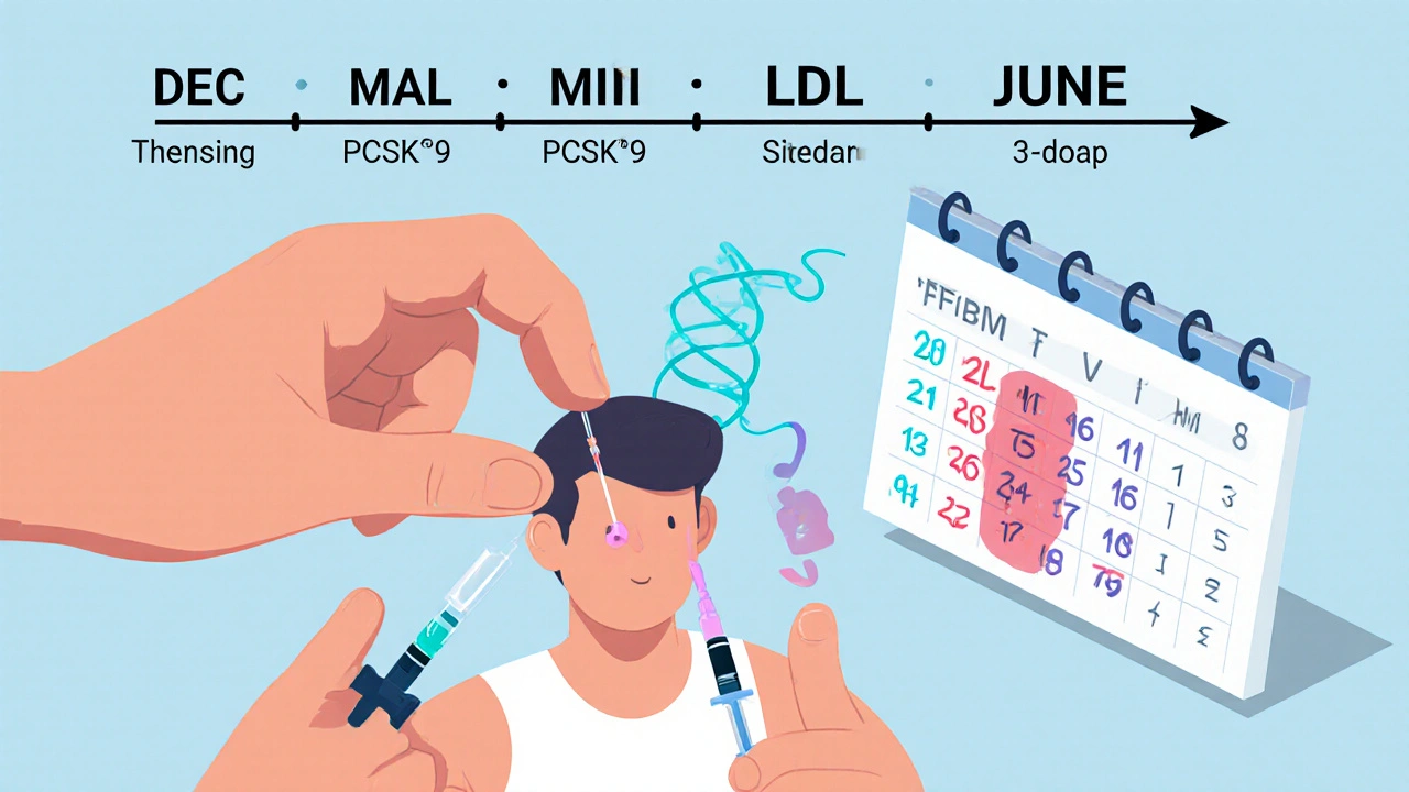Person receiving twice-yearly inclisiran injections with declining LDL levels over time.