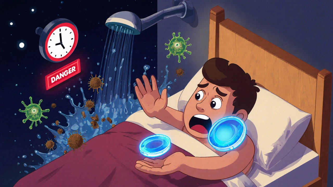 Person removing contact lenses at night with water and microbes nearby, showing risk of infection.