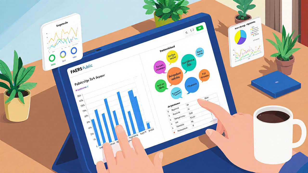 Person using a tablet to explore FAERS dashboard with symptom bubbles and drug comparison chart.