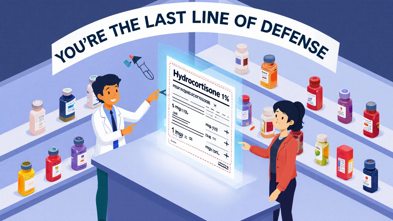 Pharmacist and patient examining a floating prescription label with concentration math displayed.