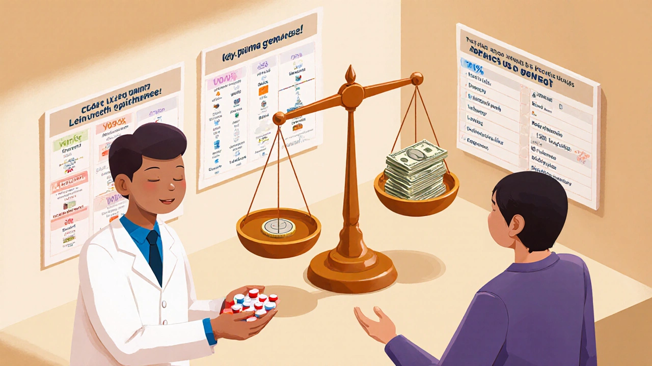 Pharmacist handing two pills to a patient while a balanced scale shows equal effectiveness.