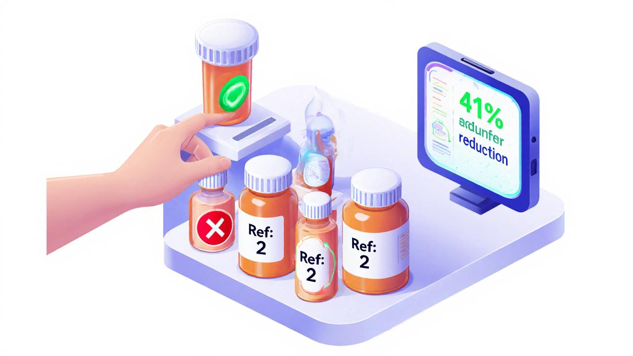 Pharmacy shelf with prescription bottles showing universal refill icons and digital tablet displaying error reduction stats.