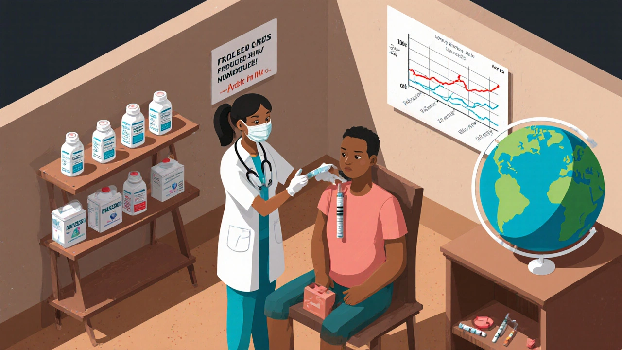 Rural Mozambique clinic where a healthcare worker gives an HIV injection.