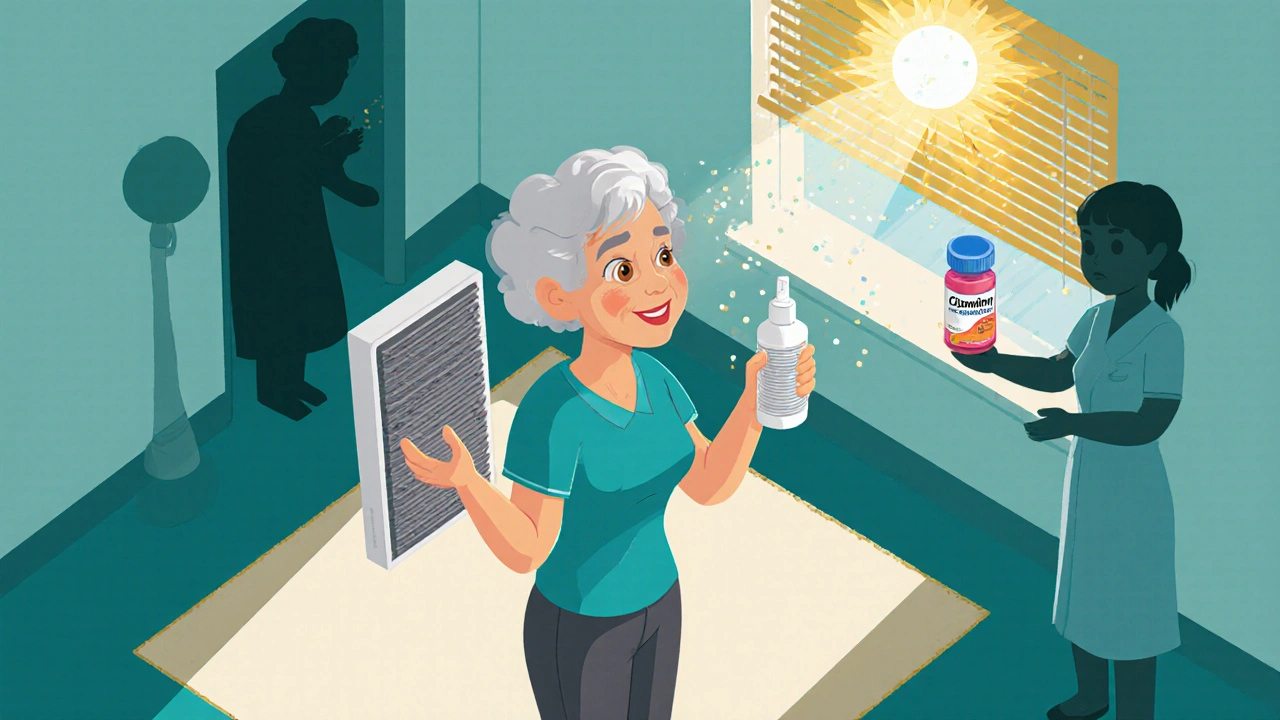 Senior woman using allergy tools safely, fading hospital figure behind her