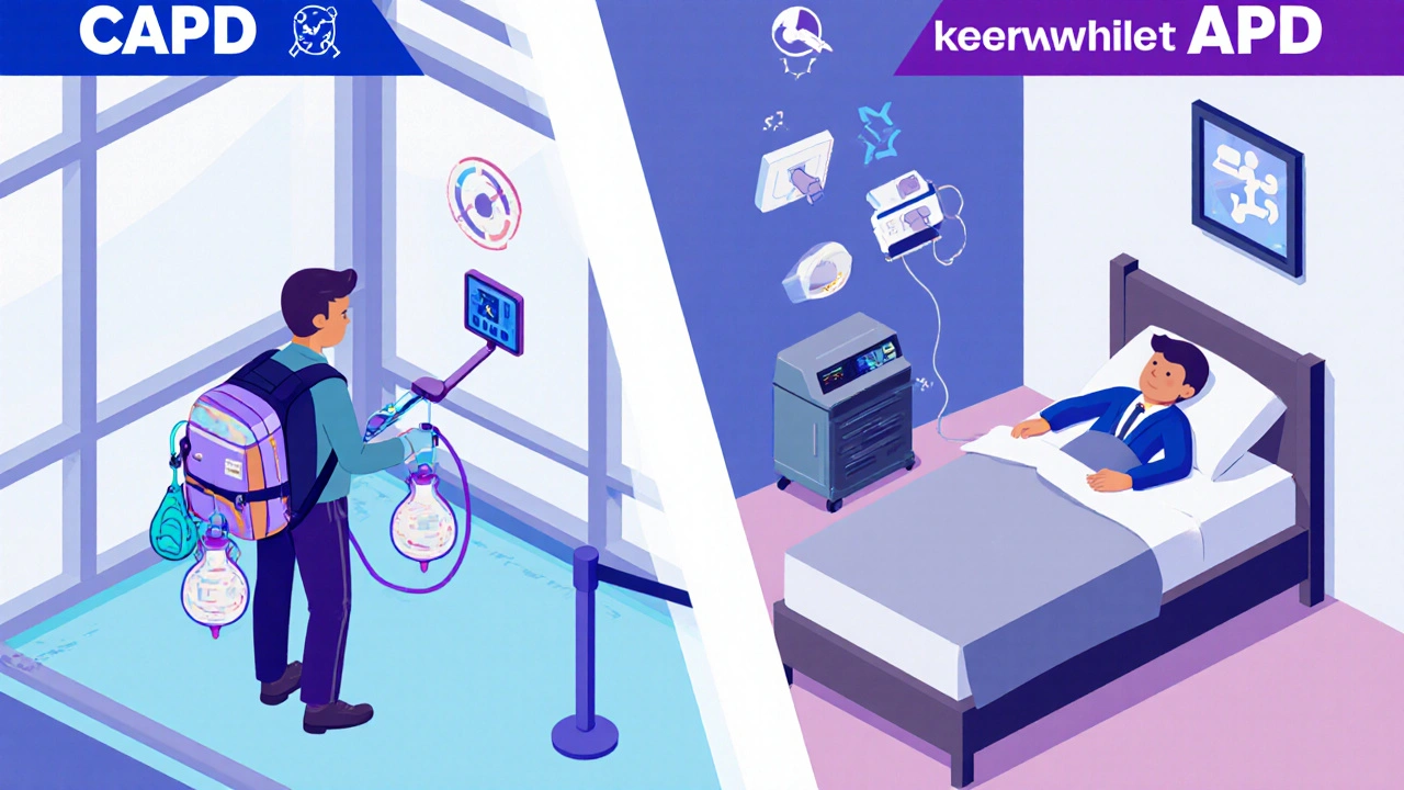 Side-by-side isometric scene comparing manual CAPD travel use and automated APD nighttime treatment.
