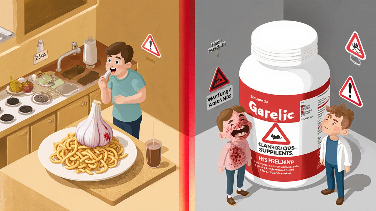 Side-by-side isometric scene: safe kitchen garlic vs. dangerous supplement bottle with bleeding symptoms.