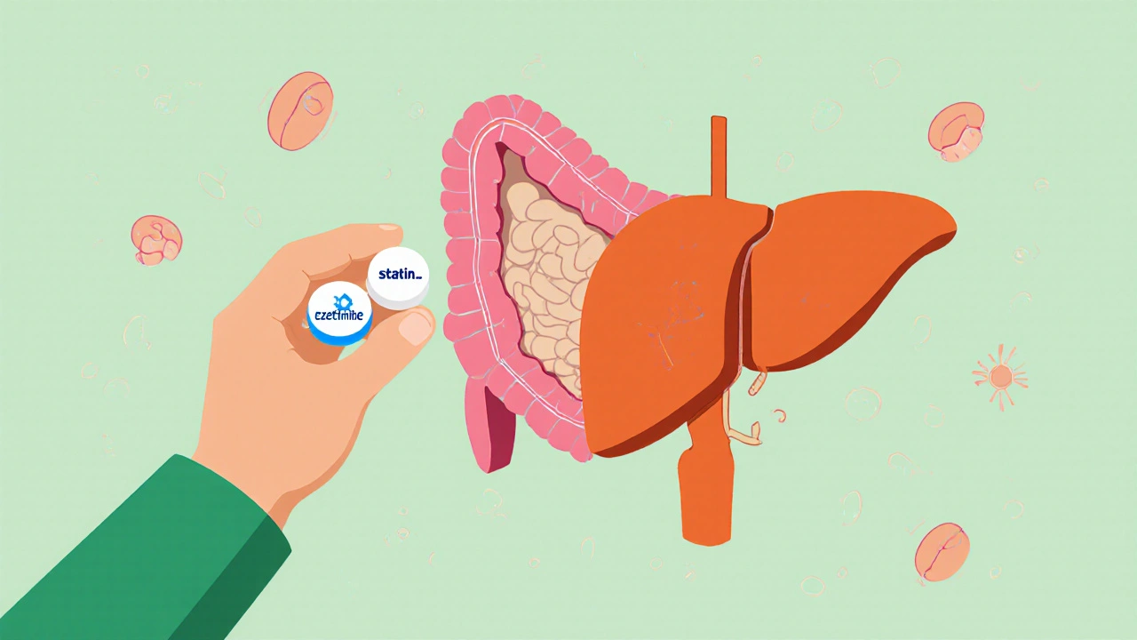 Split isometric view showing statin and ezetimibe working differently to lower LDL cholesterol.