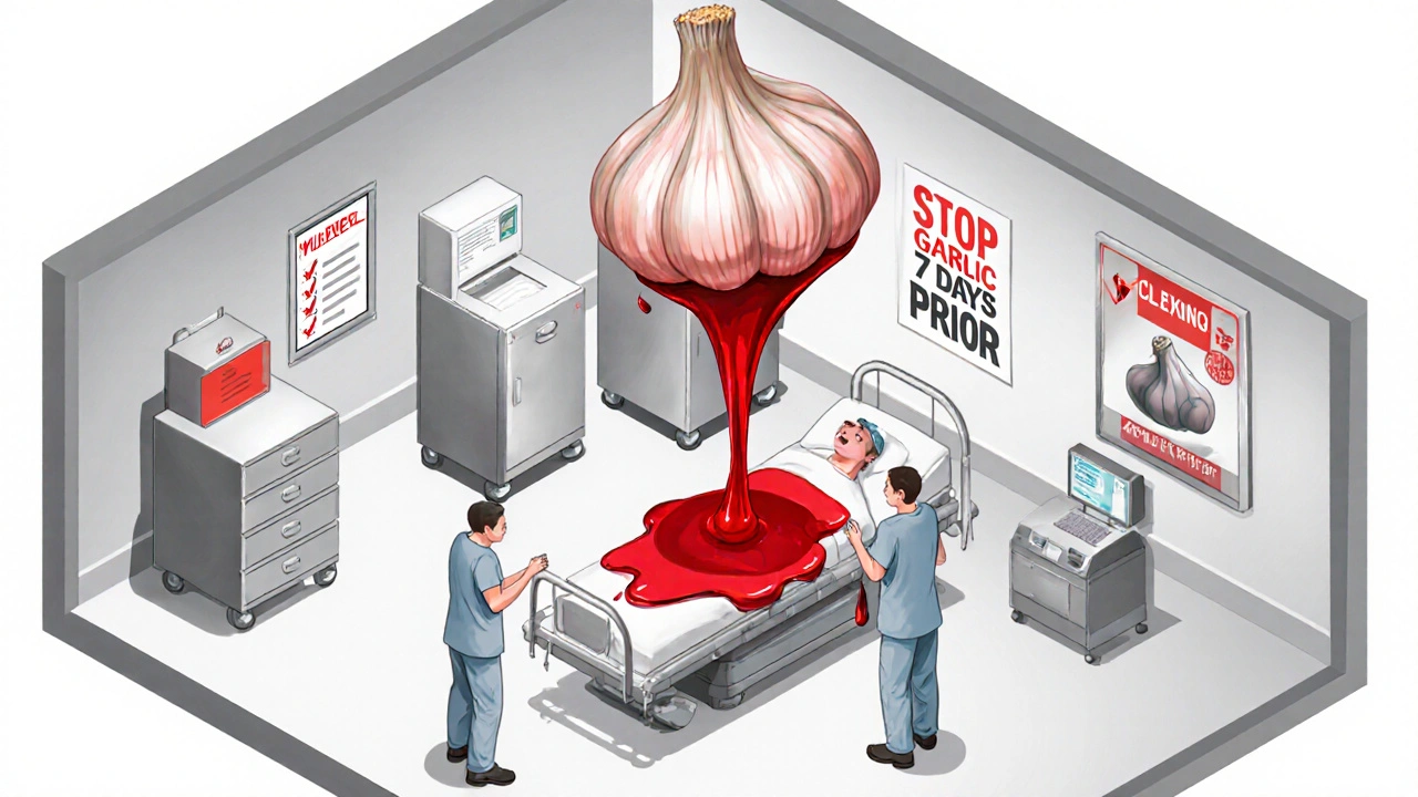 Surgeons battling uncontrolled bleeding during surgery due to garlic supplement, giant garlic clove above patient.