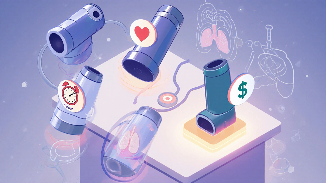 Three-dimensional comparison of four asthma inhalers with icons for speed, cost, side effects, and effectiveness.