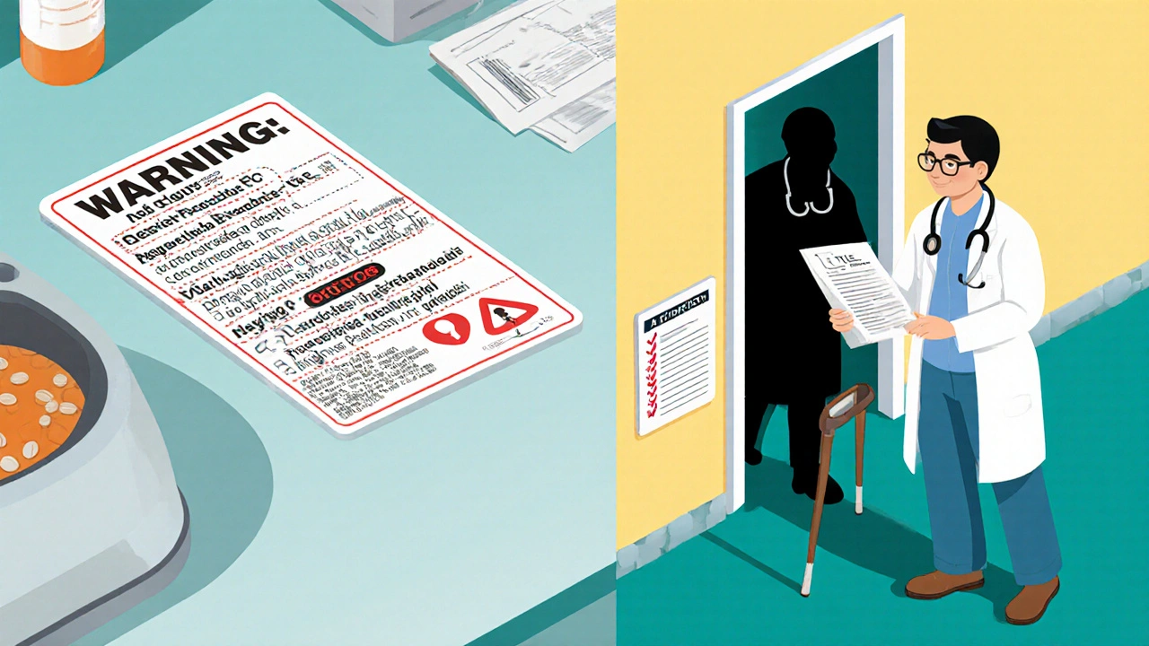 Two prescription labels side by side: one error-filled and dangerous, the other clear and accurate, with a translator correcting it.