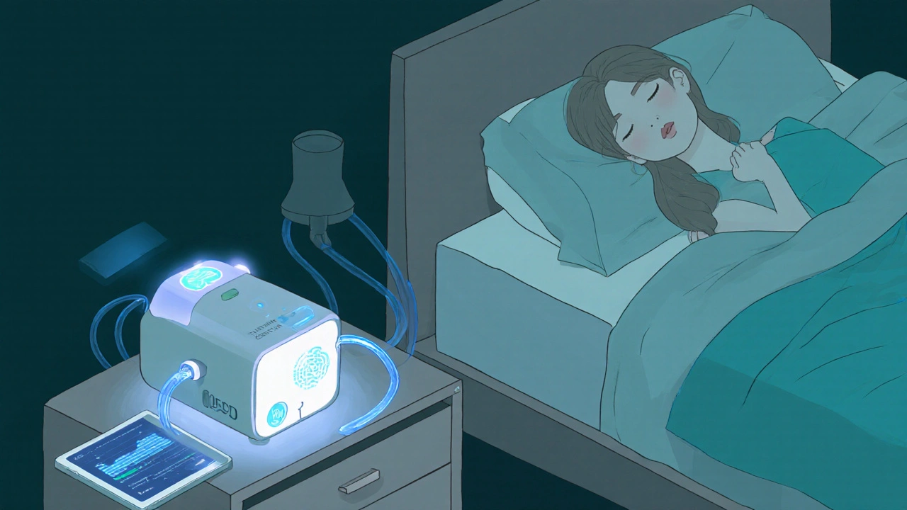 Woman sleeping peacefully with an APD machine operating beside her bed, glowing with soft blue lights.