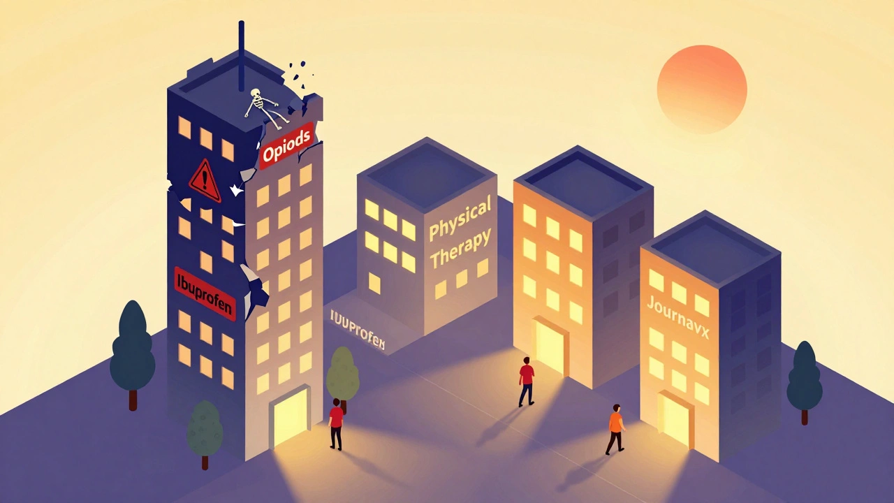 A cityscape with crumbling opioid towers and safe, glowing non-opioid buildings, symbolizing safer pain management.