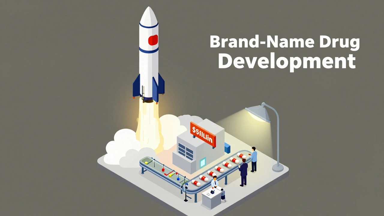 A costly rocket launching above a small factory making generic pills, both inspected by the FDA under the same light.