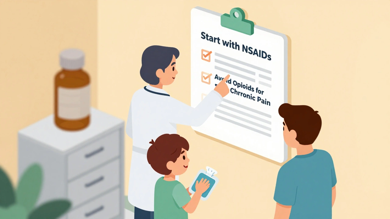 A doctor and child in a hospital room, with a checklist promoting non-opioid pain relief and opioids hidden away.