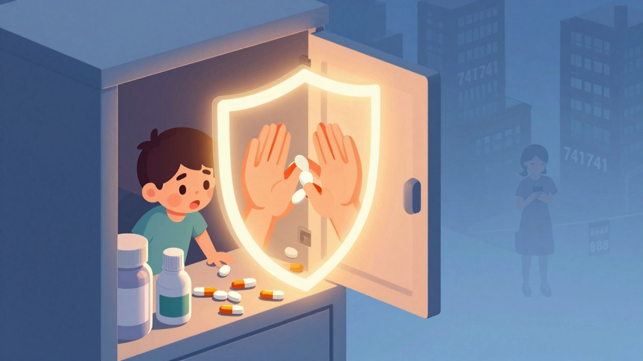 A medicine cabinet with pills blocked by hands forming a shield, a teen watching hopefully.