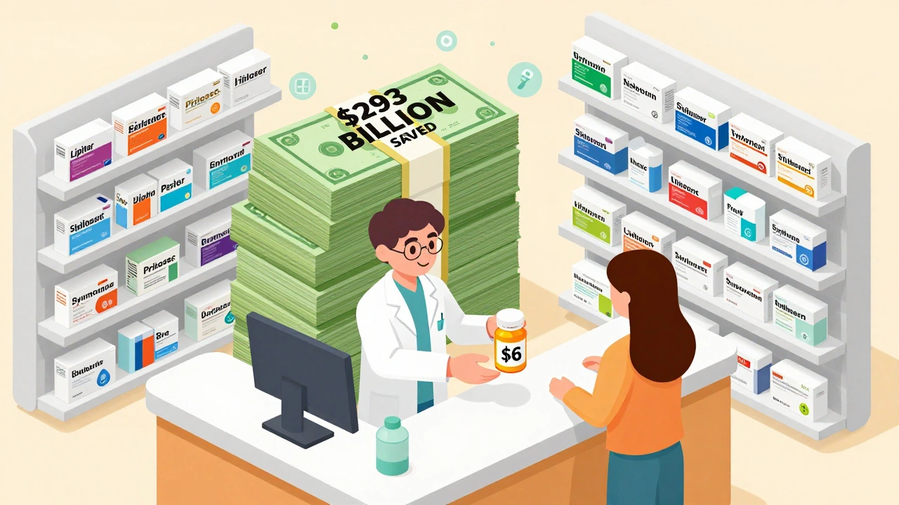 A pharmacist hands a low-cost generic pill bottle to a customer, with a giant stack of savings behind them.