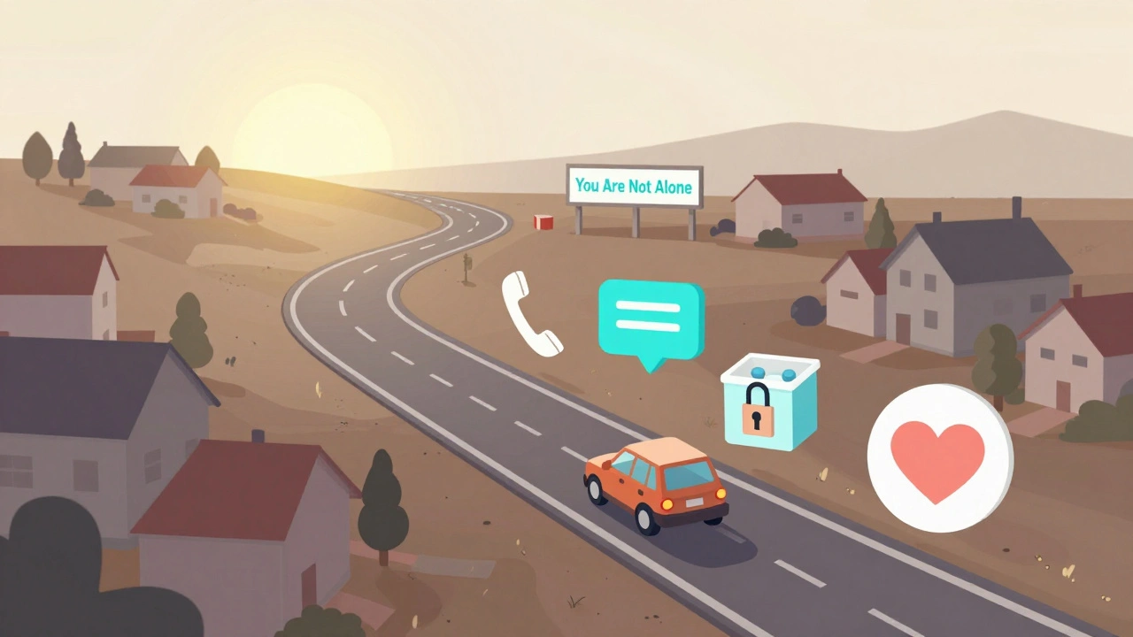 A rural road leading to a clinic with floating crisis resource icons under a sunrise.