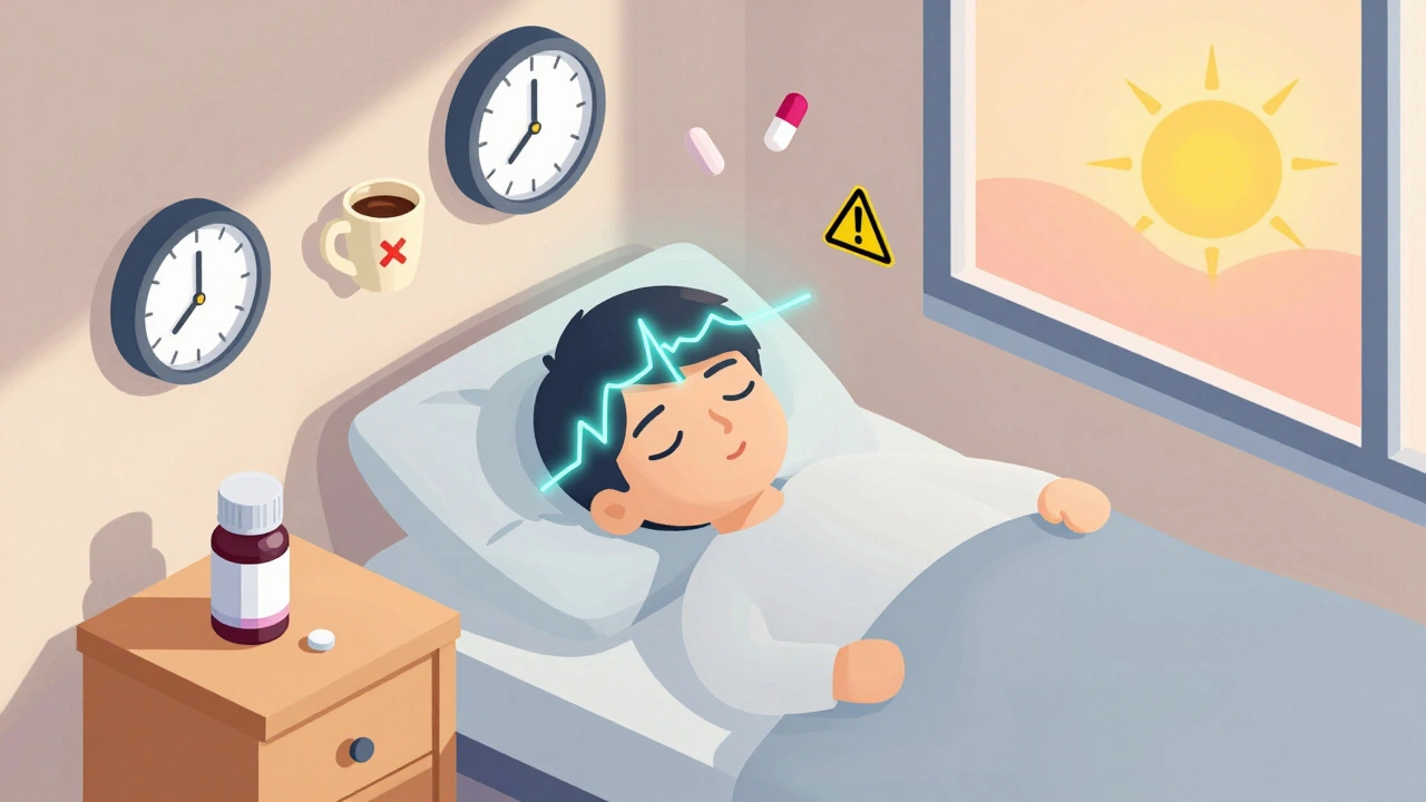 Bedside scene with melatonin, sunrise, and warning icons for sleep aids in isometric cartoon style.