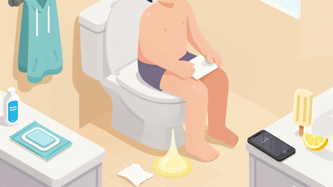 Cartoon bathroom scene during colonoscopy prep with clear stool, wipes, and hydration supplies.