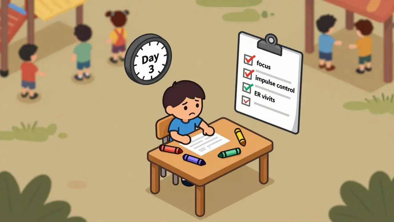 Child at summer camp struggling with ADHD symptoms without medication, while a doctor's checklist tracks behavioral rebound.