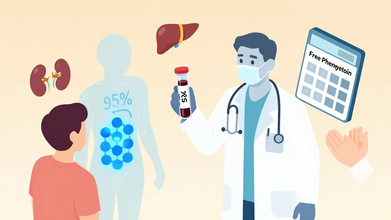 Clinician holding a blood vial with free phenytoin visualization, showing protein-bound drug molecules in a transparent patient body.