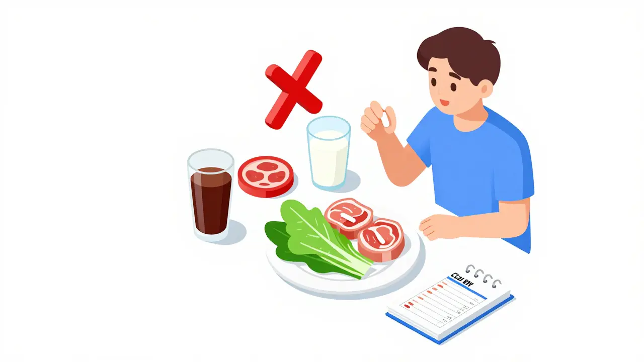 Daily management routine for hypoparathyroidism: calcium pills, healthy food, and lab tracking in isometric view.