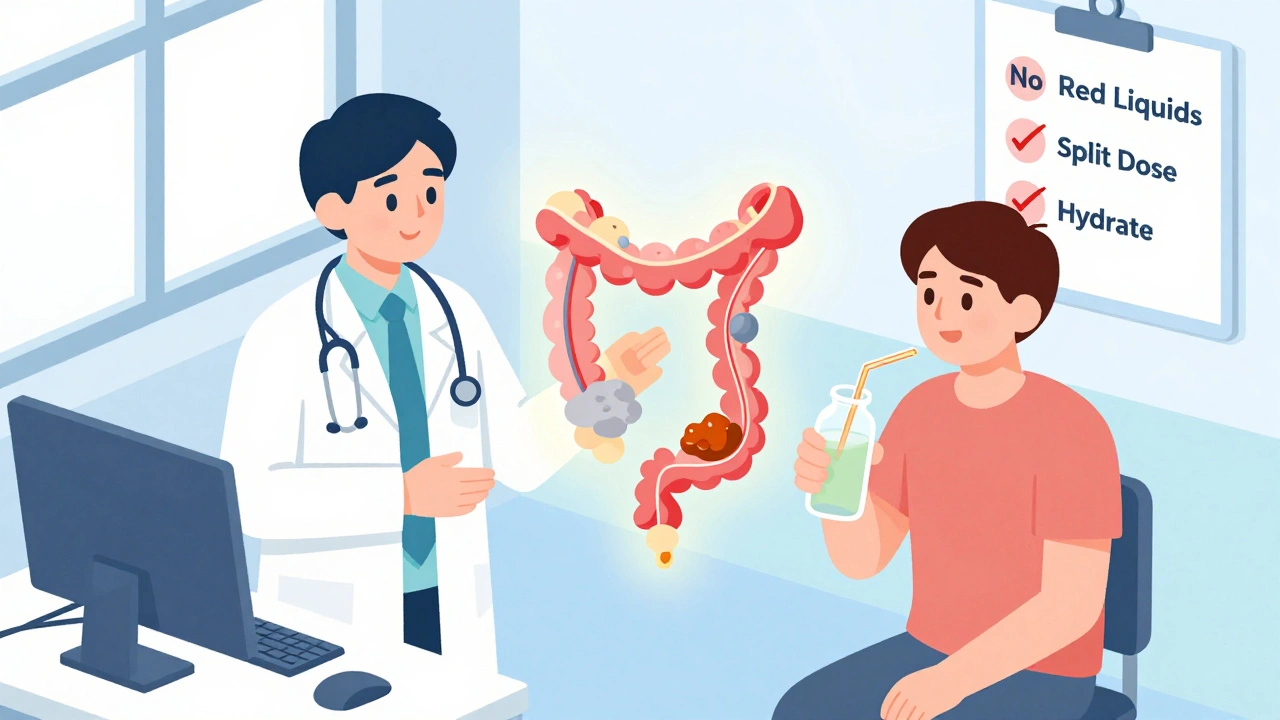 Doctor and patient with a glowing clean vs. dirty colon model, emphasizing proper prep.