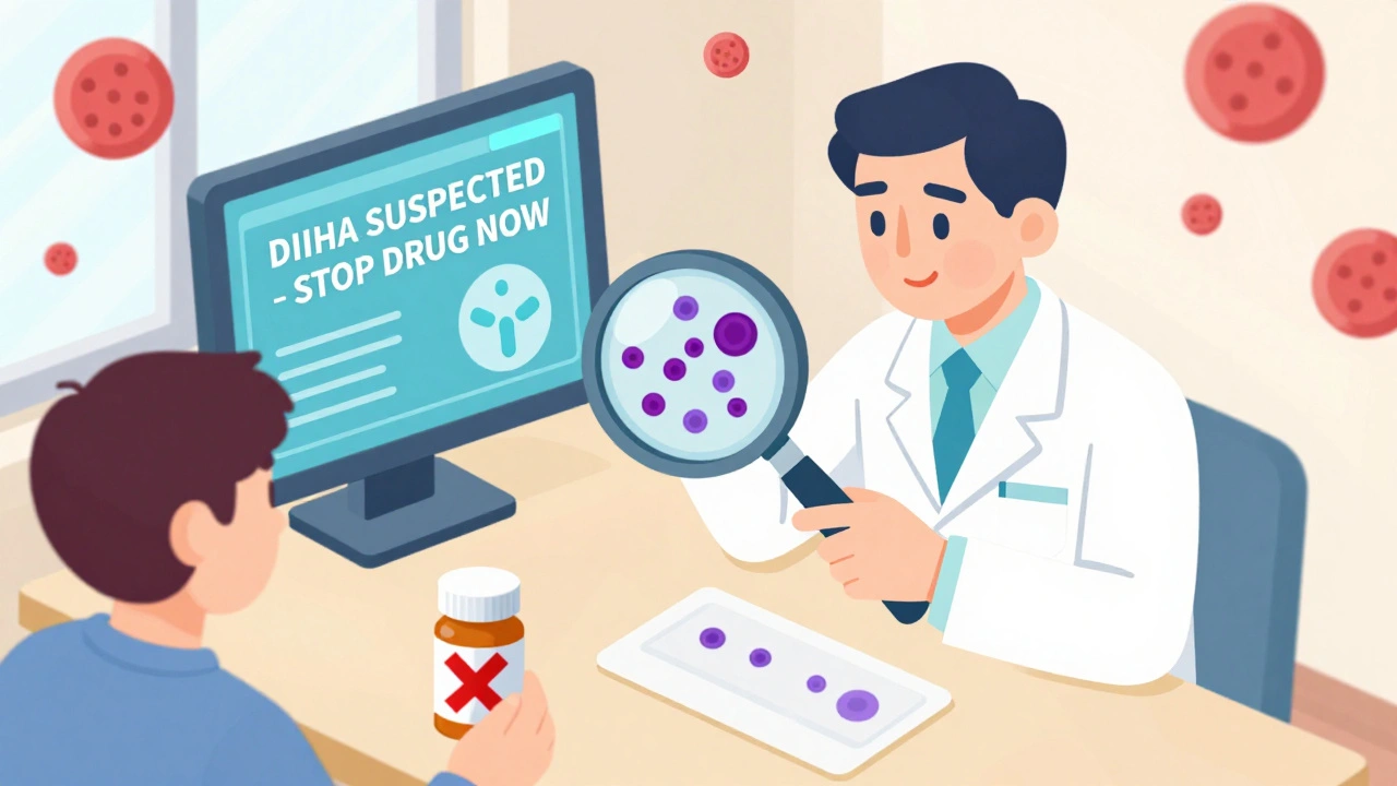 Doctor examining blood smear with hospital alert flashing, patient holding medication with red X.