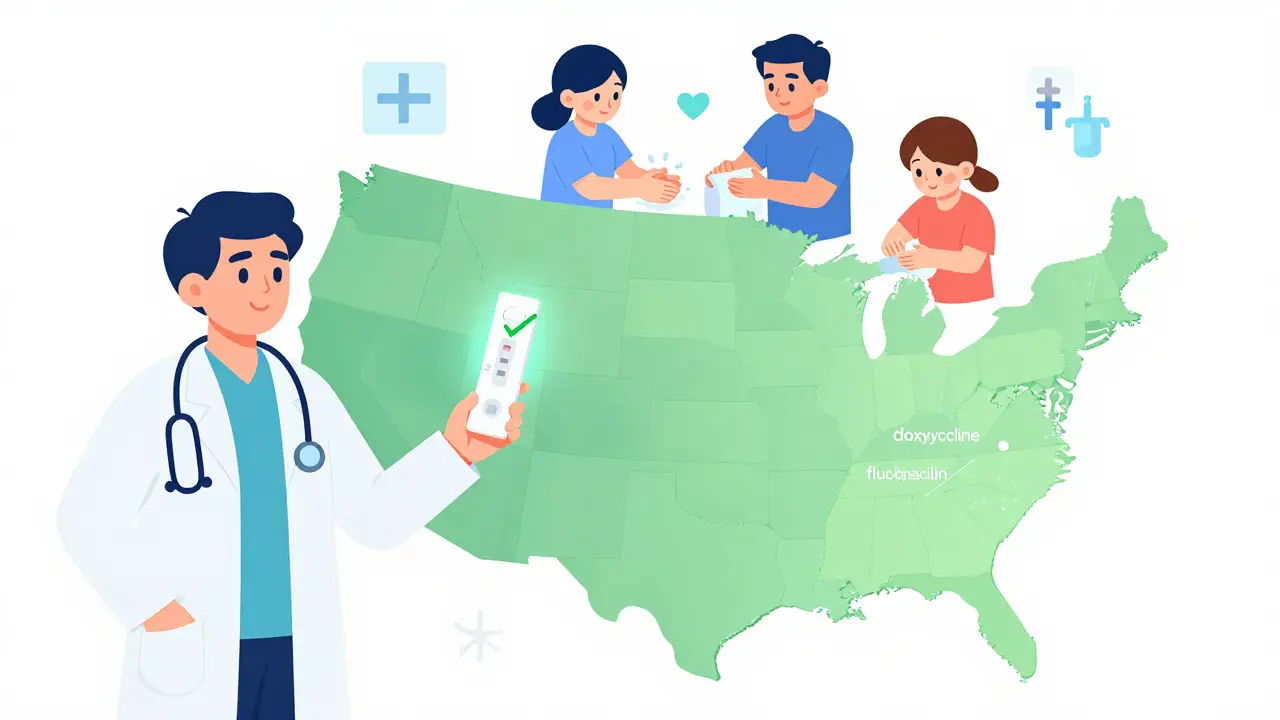 Doctor using rapid test device, U.S. map showing regional antibiotic choices, hygiene actions
