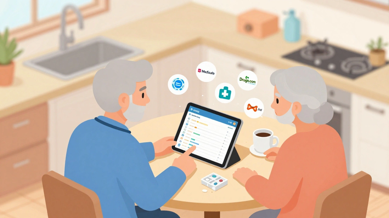 Family reviewing medication safety on a tablet together at home with pill organizer nearby.